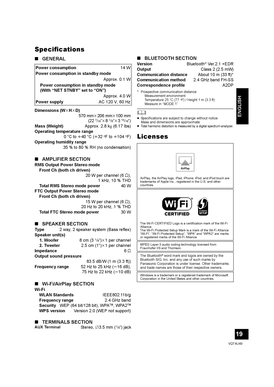 Panasonic SC-NE3 owner manual Specifications, Licenses, Wi-Fi/AirPlay Section 