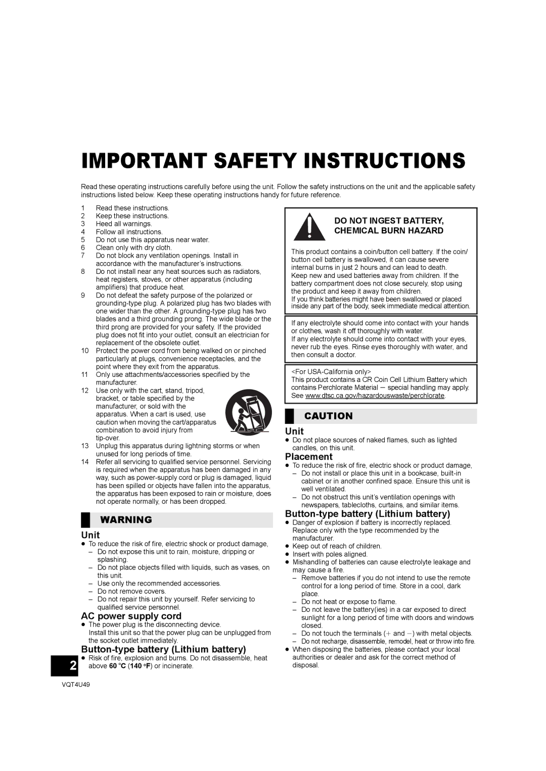 Panasonic SC-NE3 owner manual Unit, AC power supply cord, Button-type battery Lithium battery, Placement 