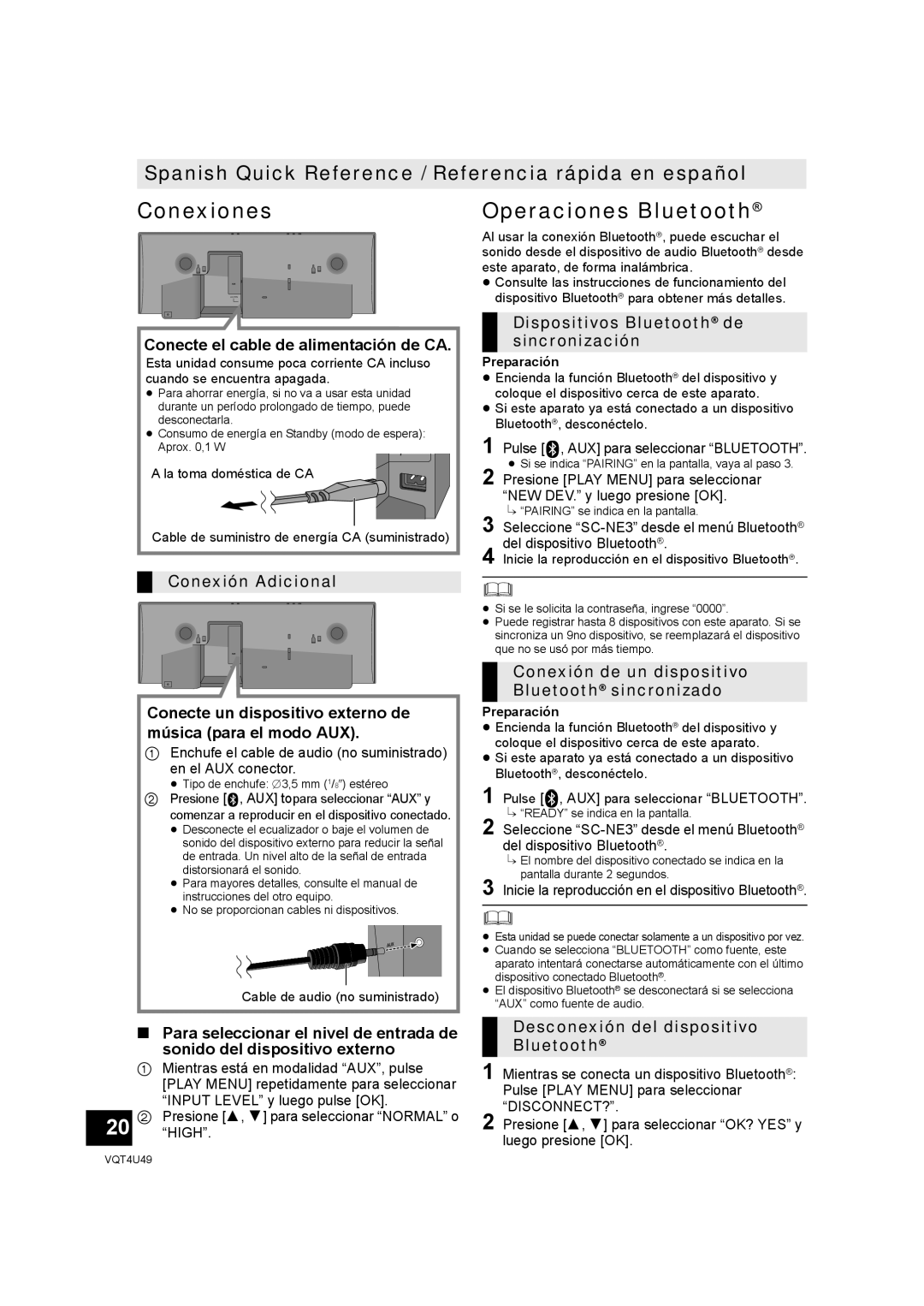 Panasonic SC-NE3 owner manual Conexiones, Conecte el cable de alimentación de CA, Dispositivos Bluetooth de sincronización 