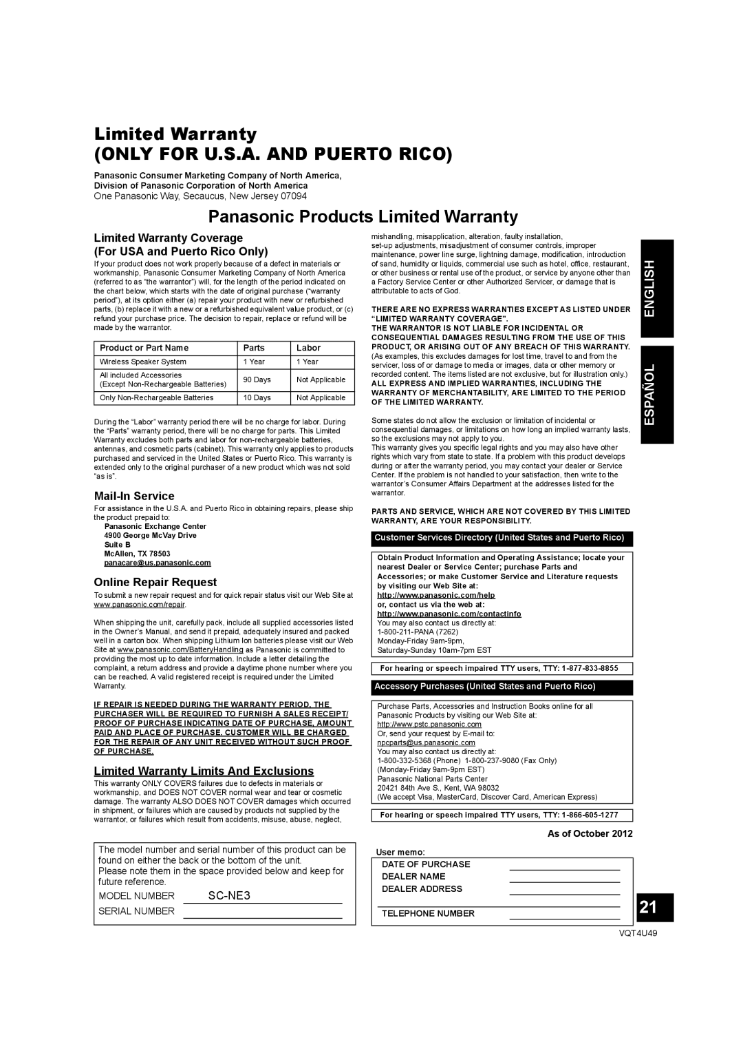 Panasonic SC-NE3 owner manual Panasonic Products Limited Warranty 