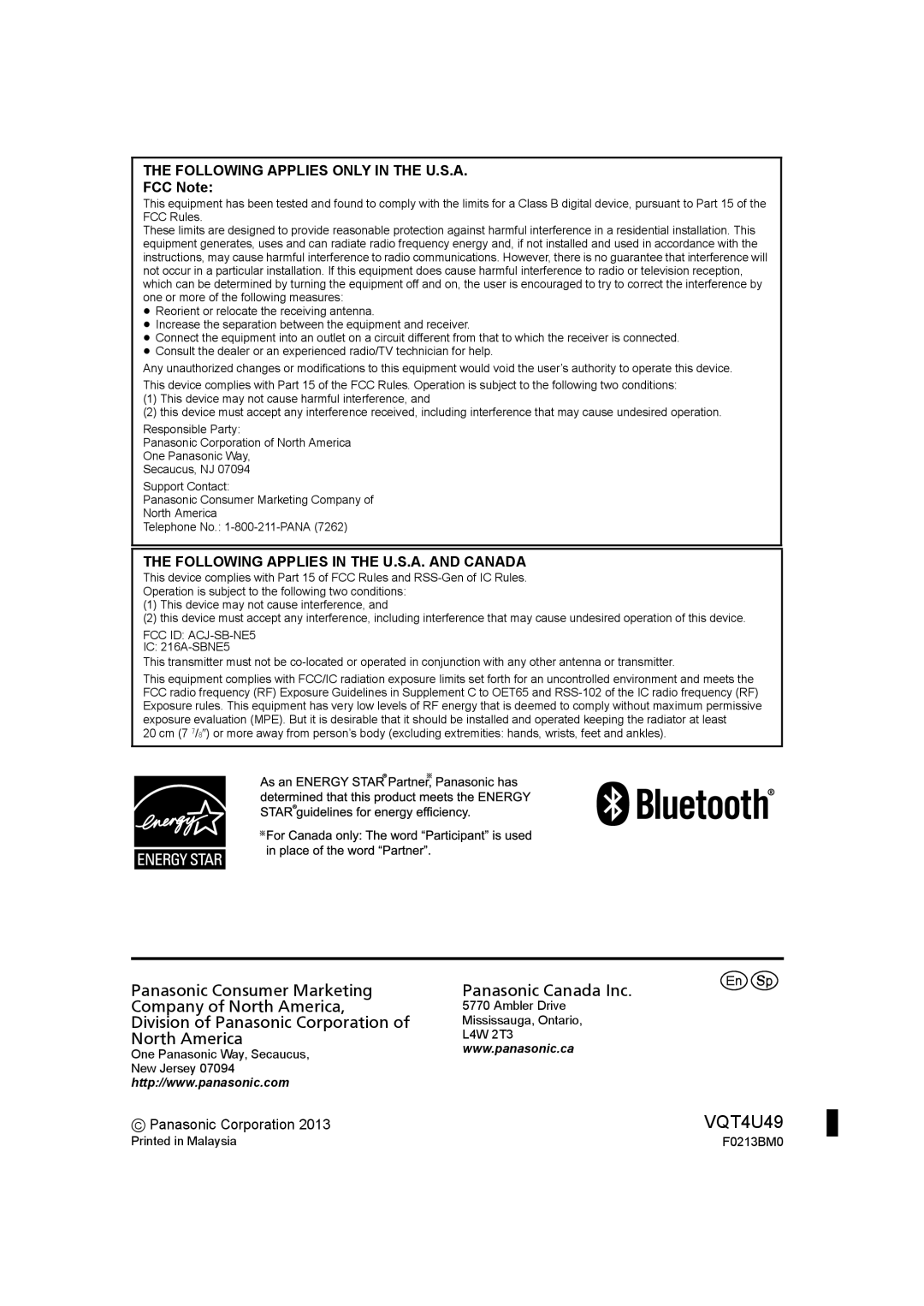 Panasonic SC-NE3 owner manual Following Applies only in the U.S.A, FCC Note, Following Applies in the U.S.A. and Canada 