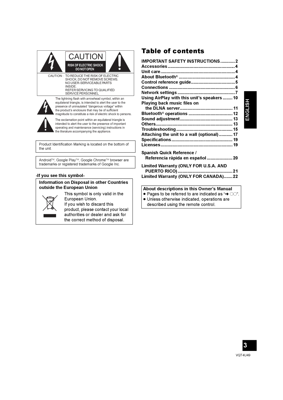 Panasonic SC-NE3 owner manual Table of contents 