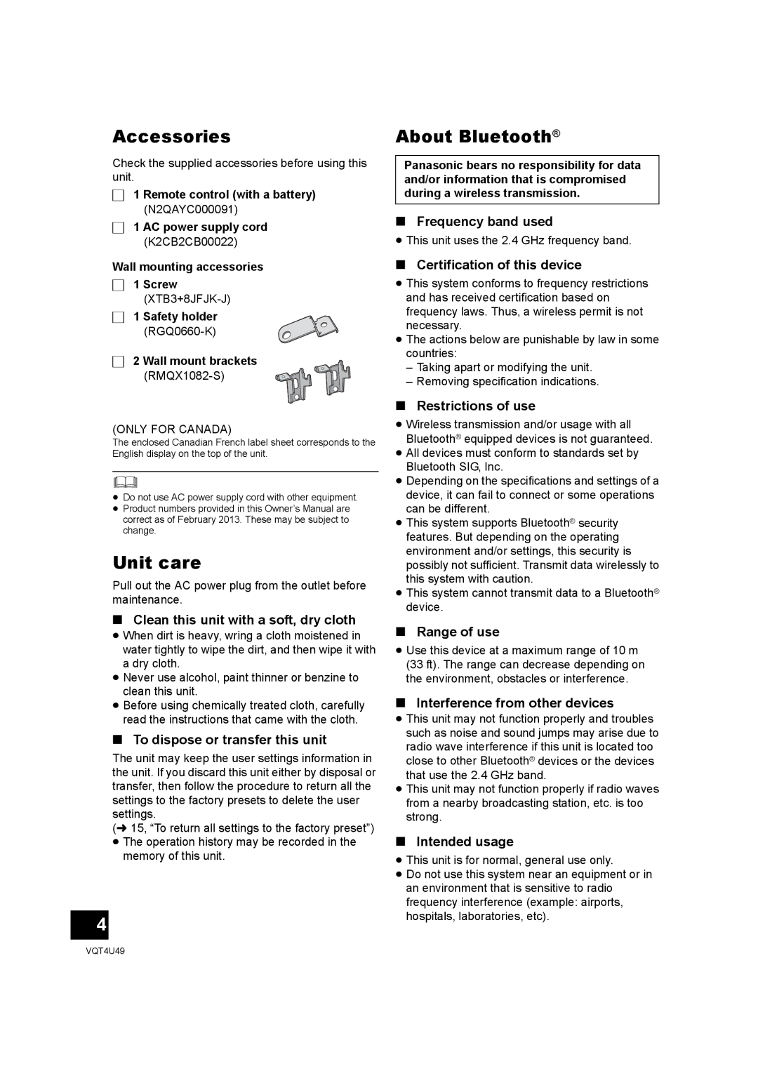 Panasonic SC-NE3 owner manual Accessories, Unit care, About Bluetooth 