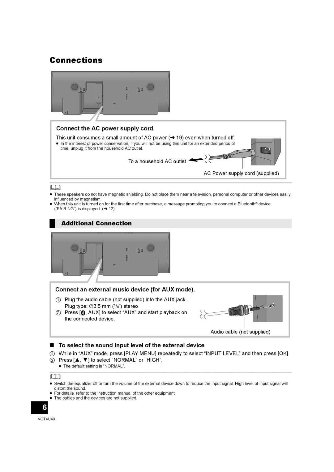 Panasonic SC-NE3 Connections, Connect the AC power supply cord, To select the sound input level of the external device 