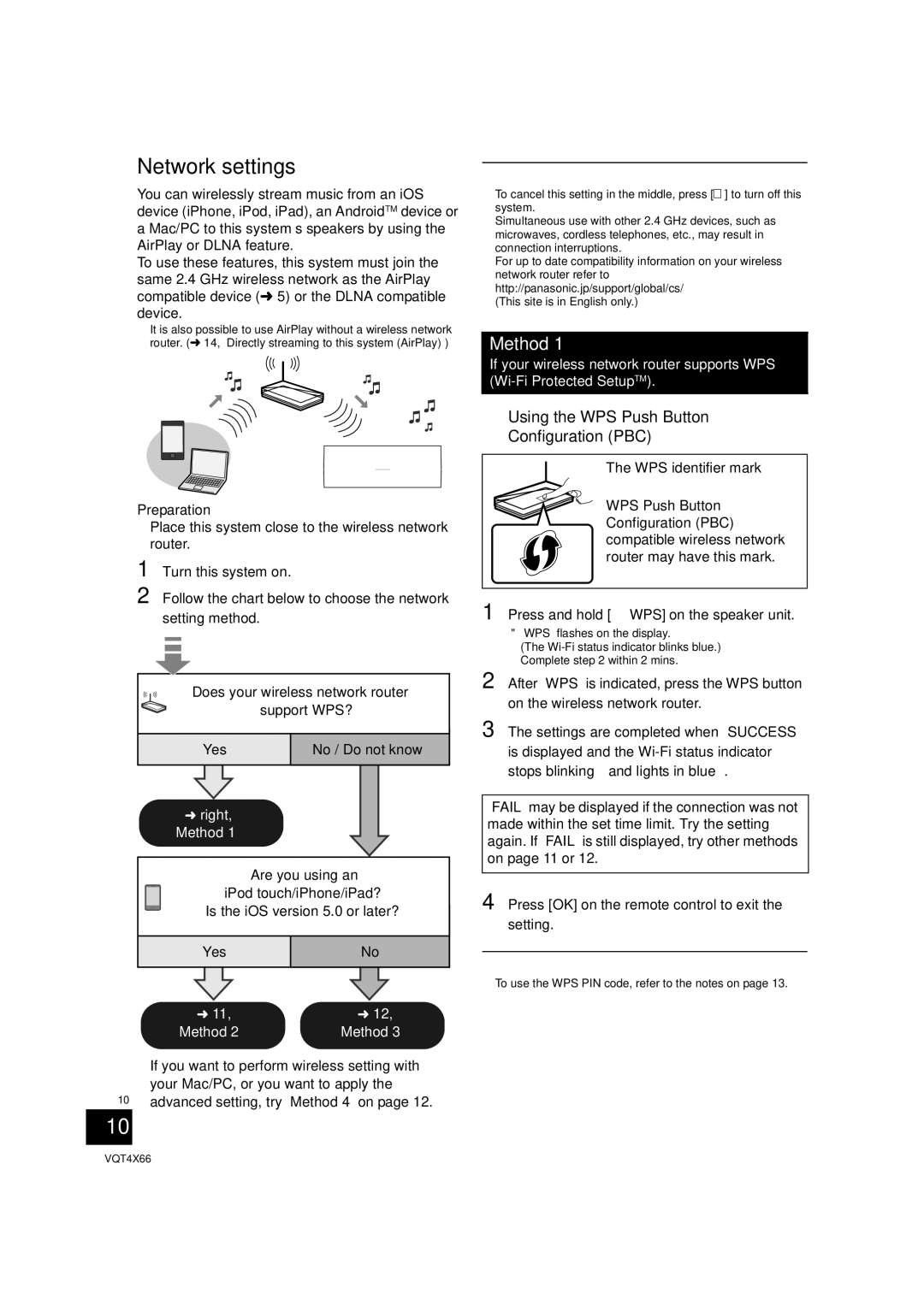 Panasonic SC-NE5 installation instructions Network settings, Using the WPS Push Button Configuration PBC 