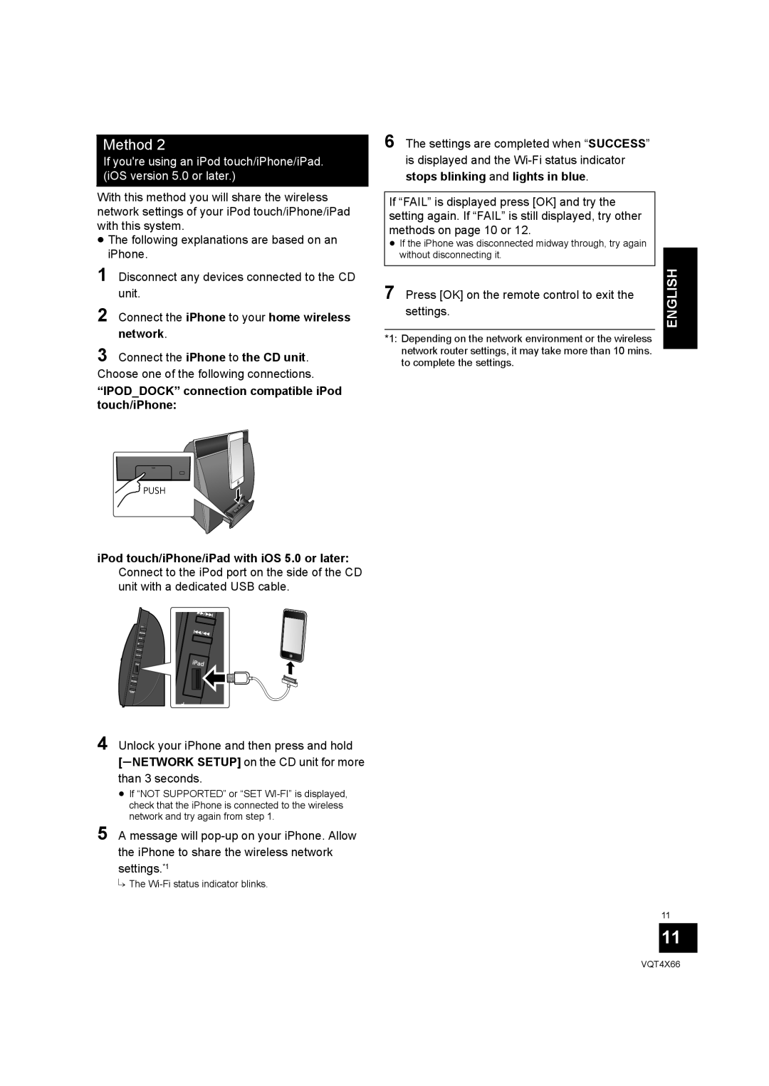 Panasonic SC-NE5 Connect the iPhone to the CD unit, Choose one of the following connections, Wi-Fi status indicator blinks 