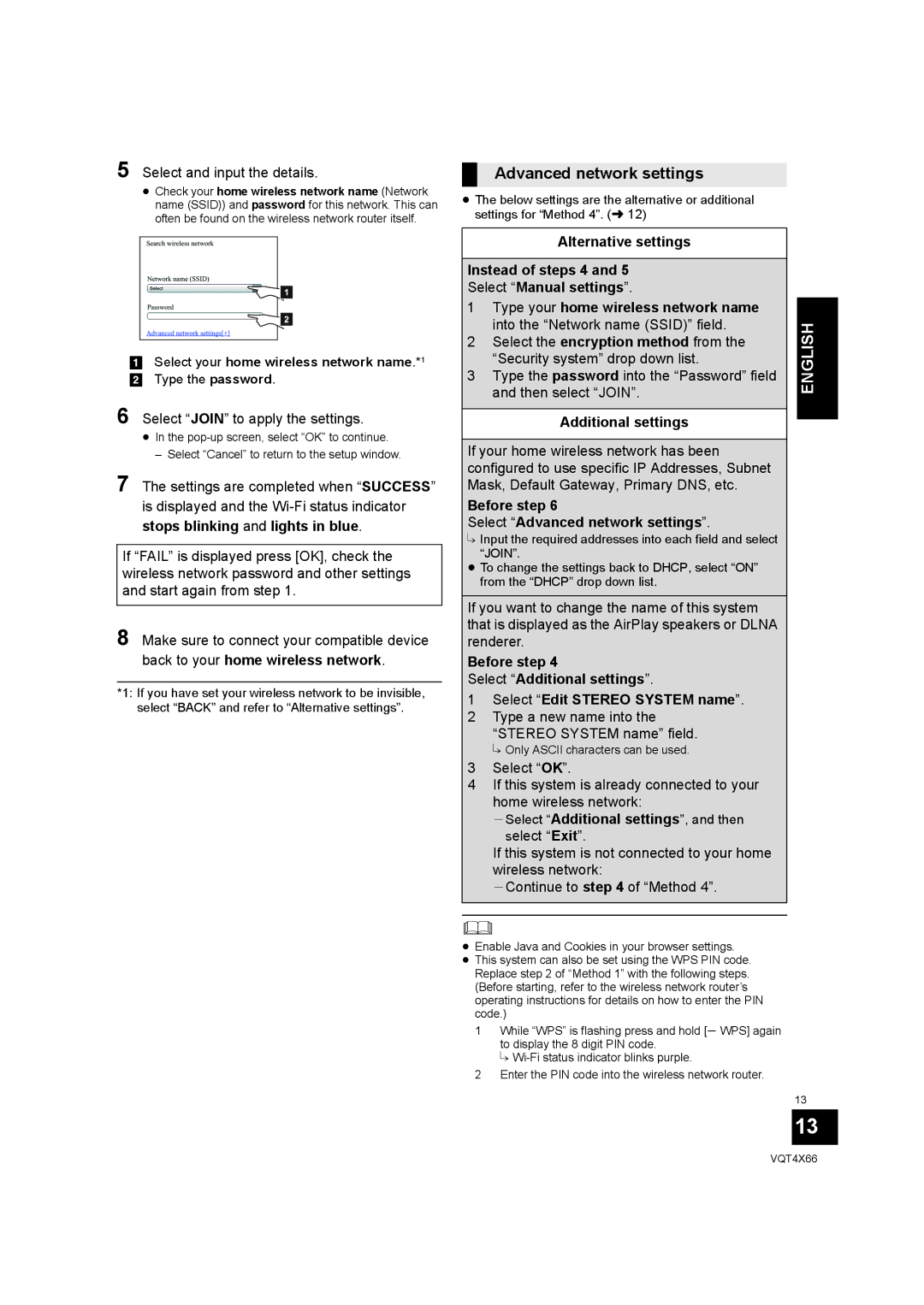 Panasonic SC-NE5 Advanced network settings, Back to your home wireless network, Additional settings 