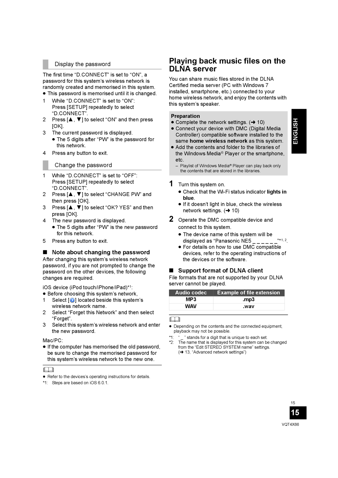 Panasonic SC-NE5 installation instructions Playing back music files on the Dlna server, Support format of Dlna client, Blue 