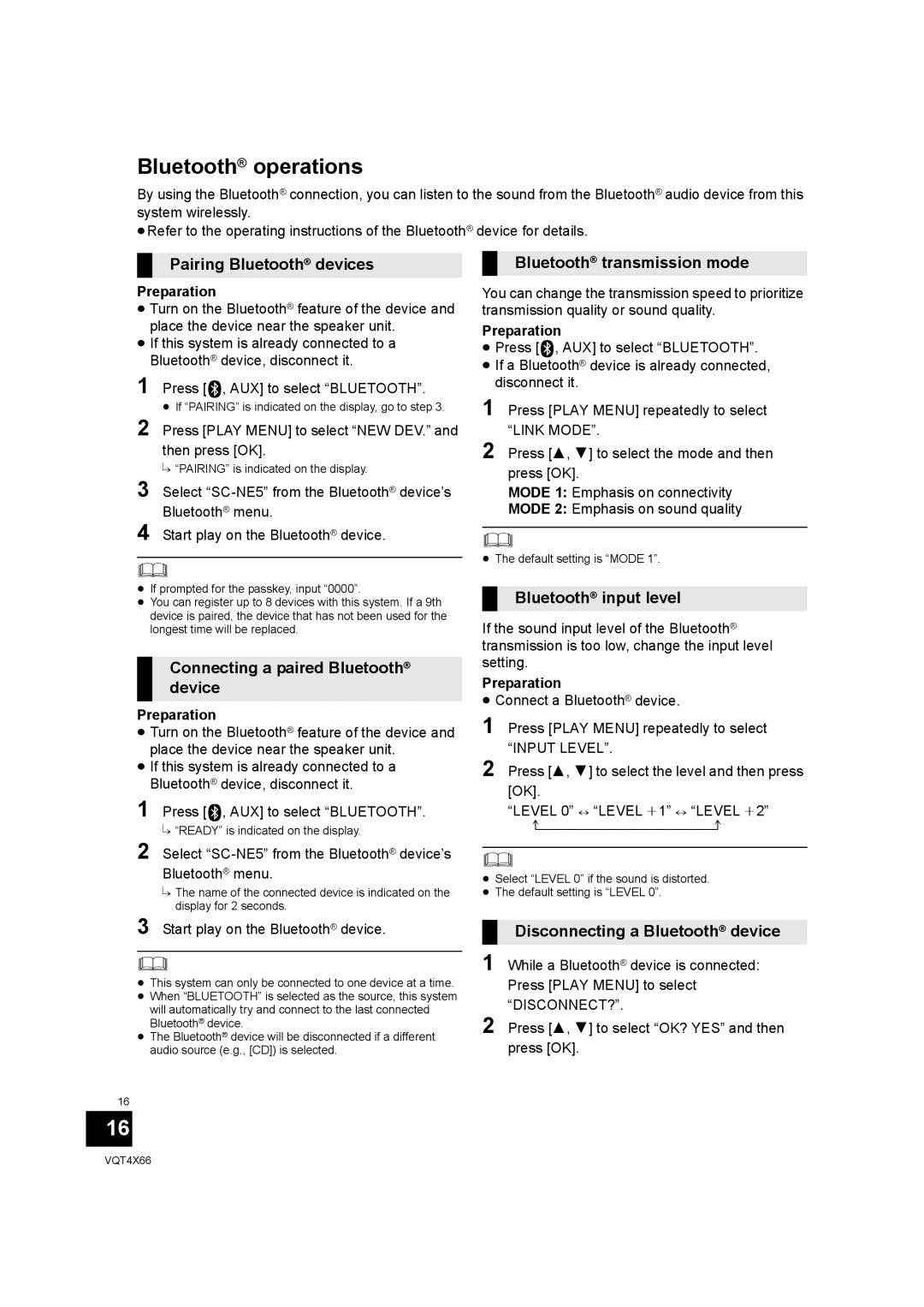 Panasonic SC-NE5 installation instructions Bluetooth operations 