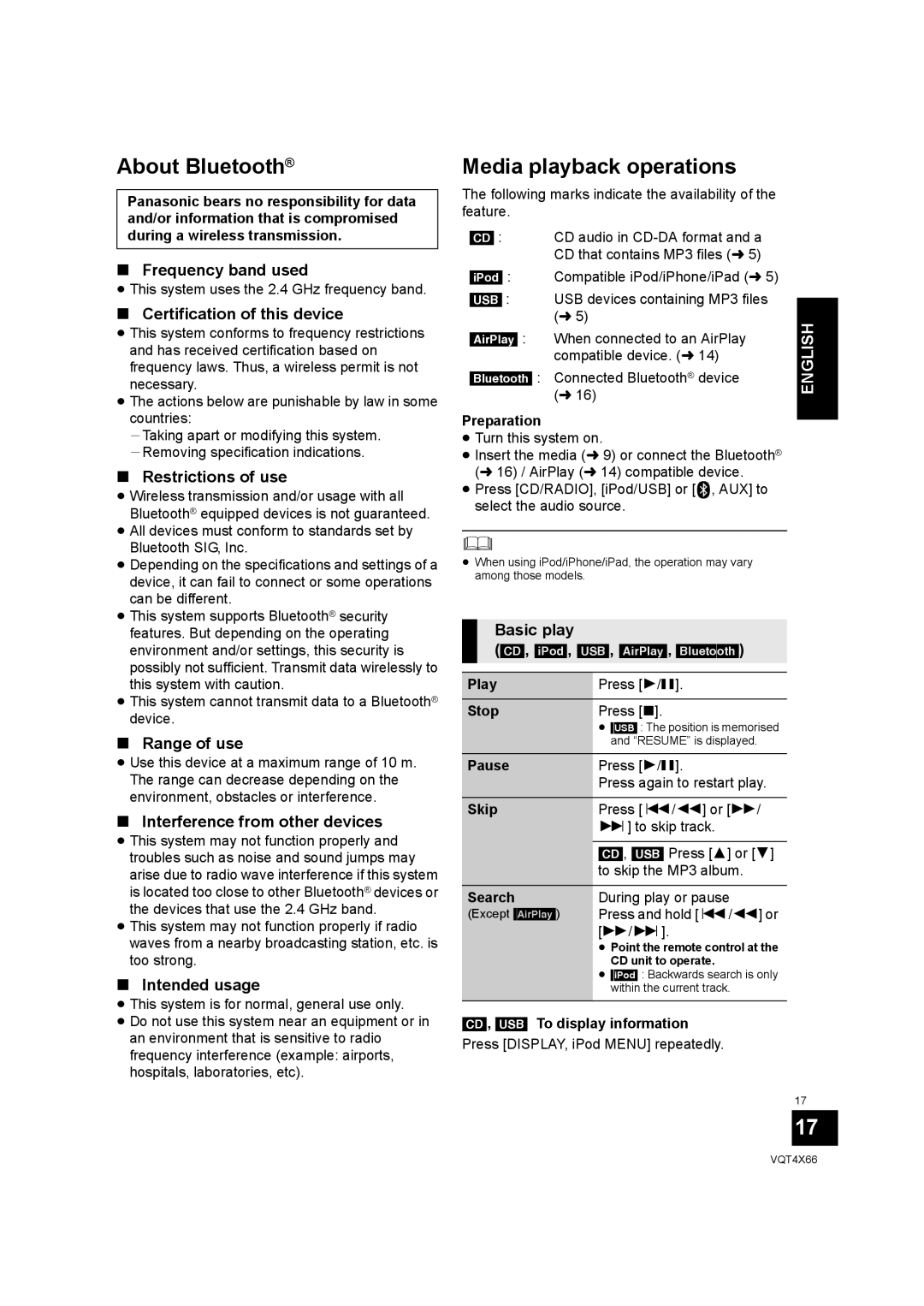 Panasonic SC-NE5 installation instructions About Bluetooth, Media playback operations 