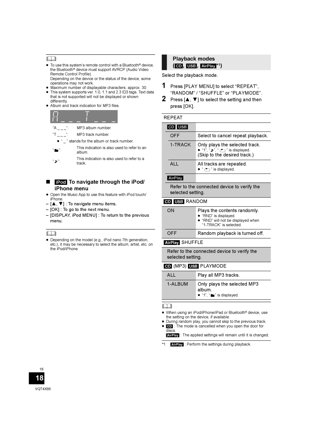 Panasonic SC-NE5 installation instructions IPod To navigate through the iPod IPhone menu, Playback modes 