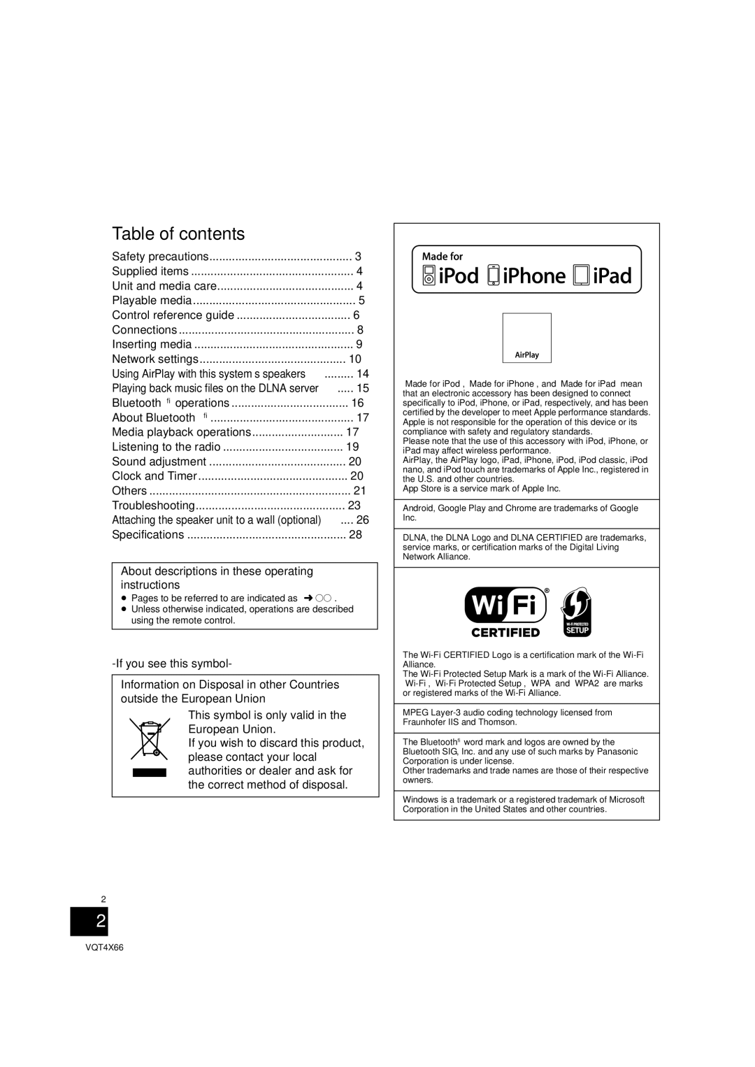 Panasonic SC-NE5 installation instructions Table of contents 