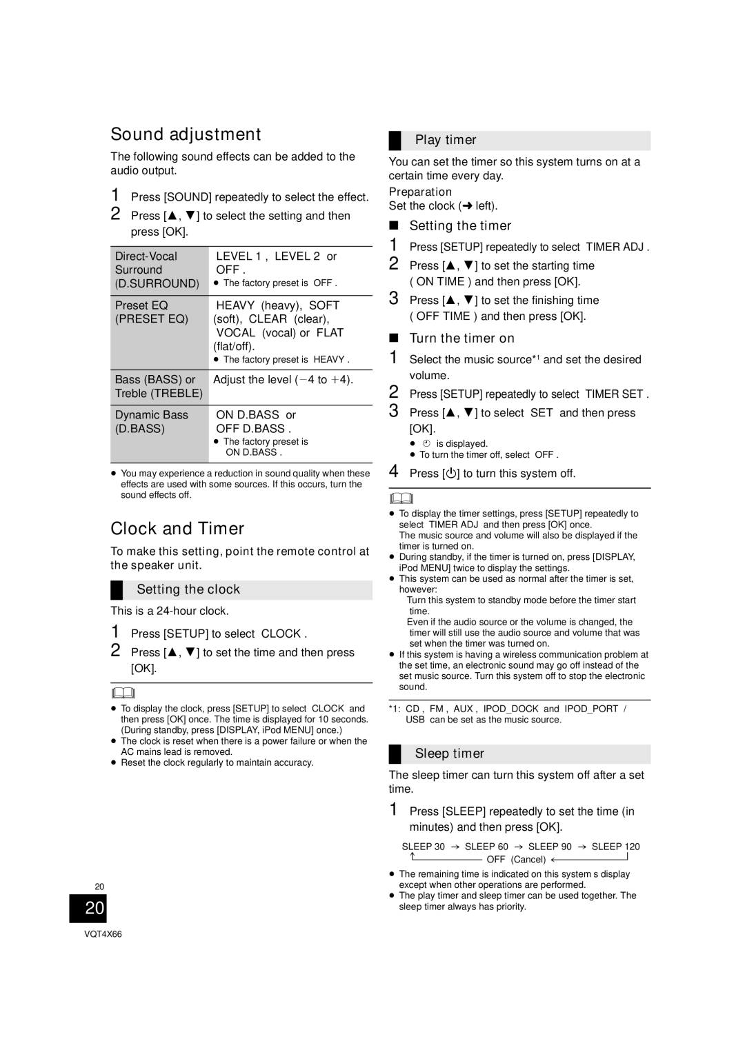 Panasonic SC-NE5 installation instructions Sound adjustment, Clock and Timer 