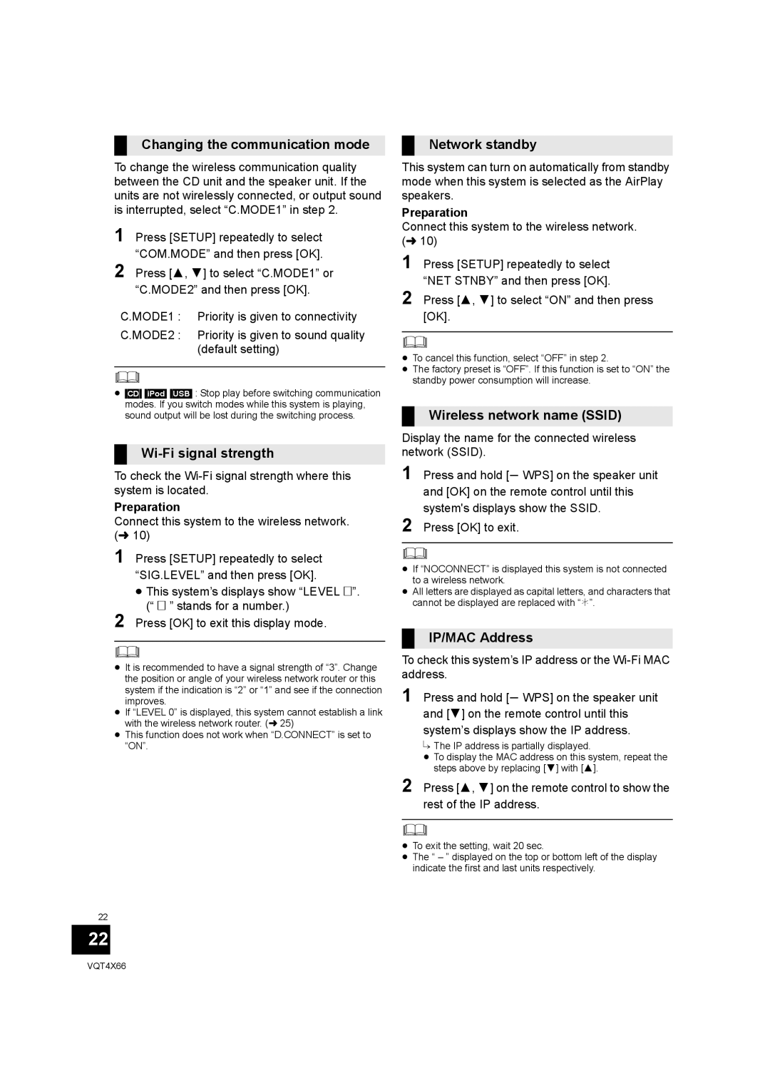 Panasonic SC-NE5 Changing the communication mode, Wi-Fi signal strength, Network standby, Wireless network name Ssid 