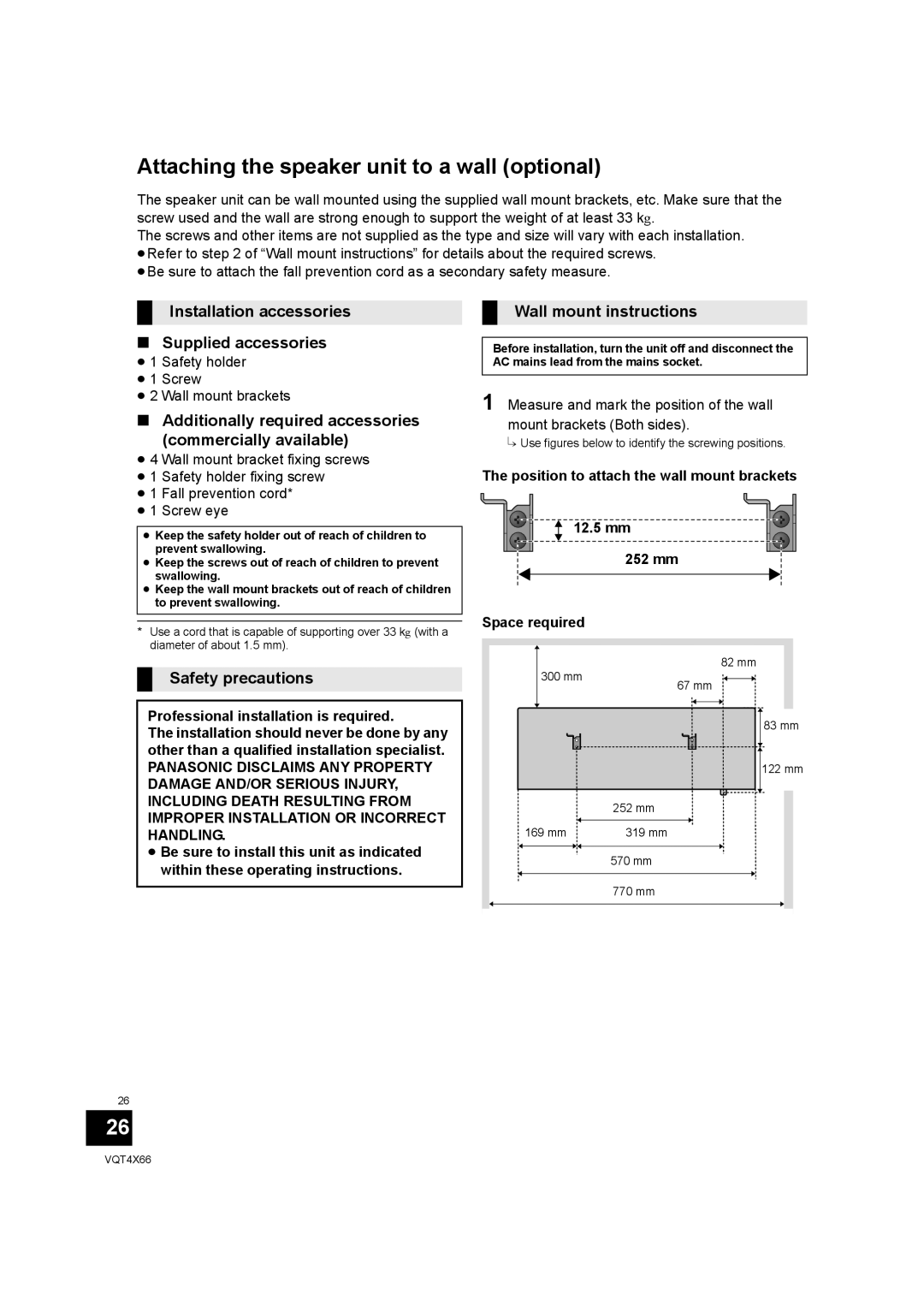 Panasonic SC-NE5 Attaching the speaker unit to a wall optional, Installation accessories Supplied accessories 