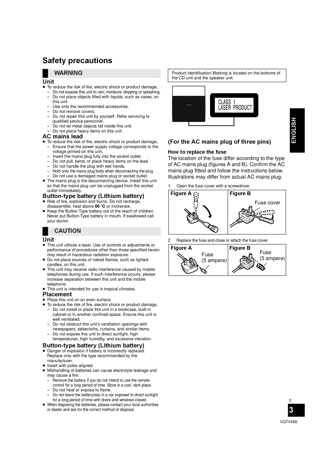 Panasonic SC-NE5 Safety precautions, Unit, AC mains lead, Button-type battery Lithium battery, Placement 