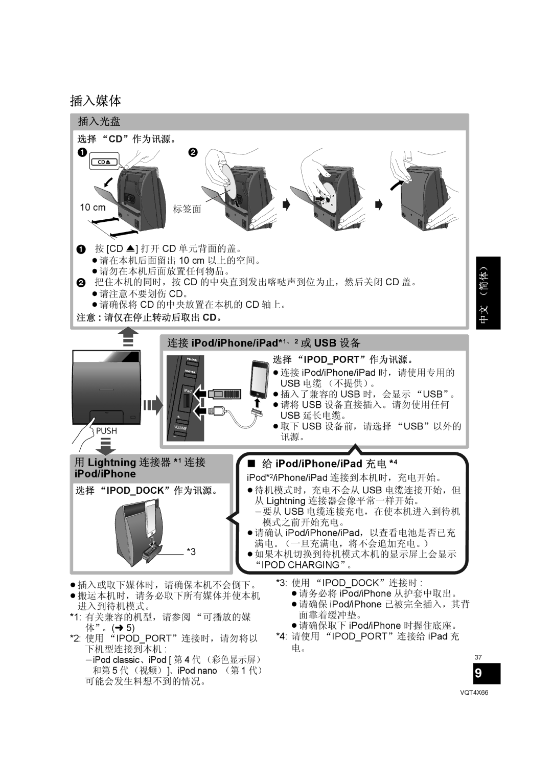 Panasonic SC-NE5 插入媒体, 插入光盘, 连接 iPod/iPhone/iPad*1、 2 或 USB 设备, Lightning 连接器 *1 连接 iPod/iPhone, IPod/iPhone/iPad 充电 *4 