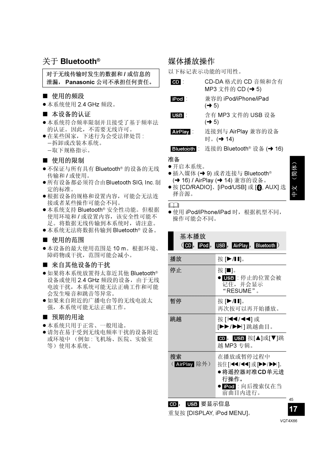 Panasonic SC-NE5 installation instructions 关于 Bluetooth, 媒体播放操作 