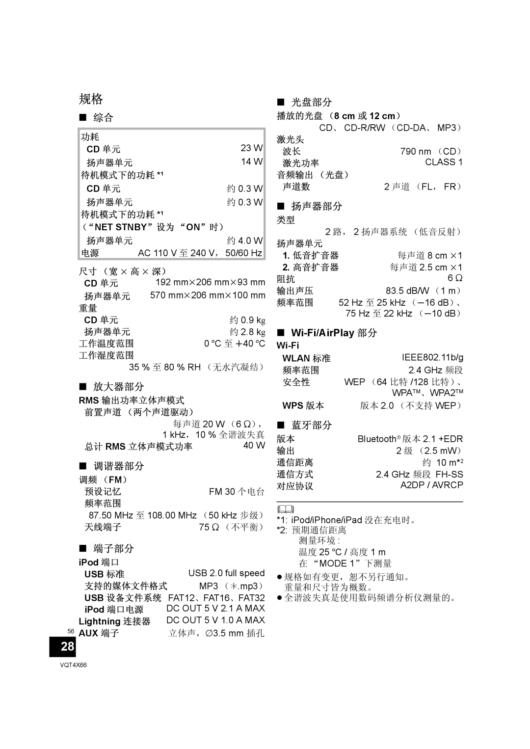 Panasonic SC-NE5 installation instructions 放大器部分, 调谐器部分, 端子部分, 光盘部分, 扬声器部分, 蓝牙部分 