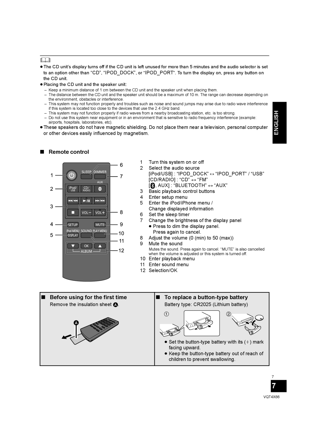 Panasonic SC-NE5 Remote control, Before using for the first time, To replace a button-type battery 