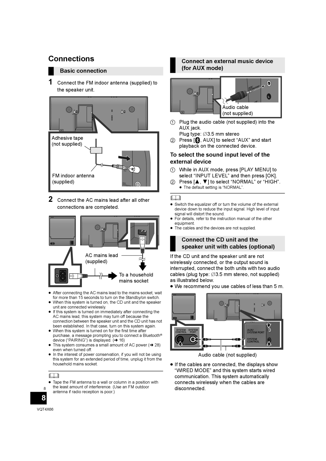 Panasonic SC-NE5 installation instructions Connections, Basic connection, Connect an external music device for AUX mode 