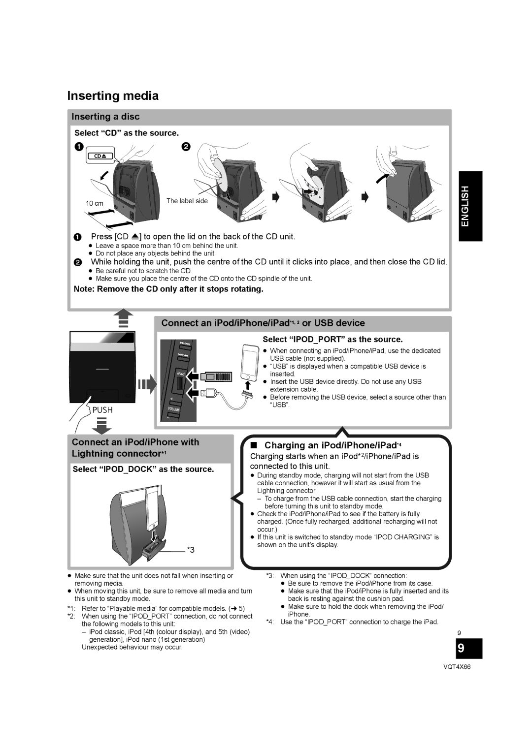 Panasonic SC-NE5 Inserting media, Inserting a disc, Connect an iPod/iPhone/iPad*1, 2 or USB device 