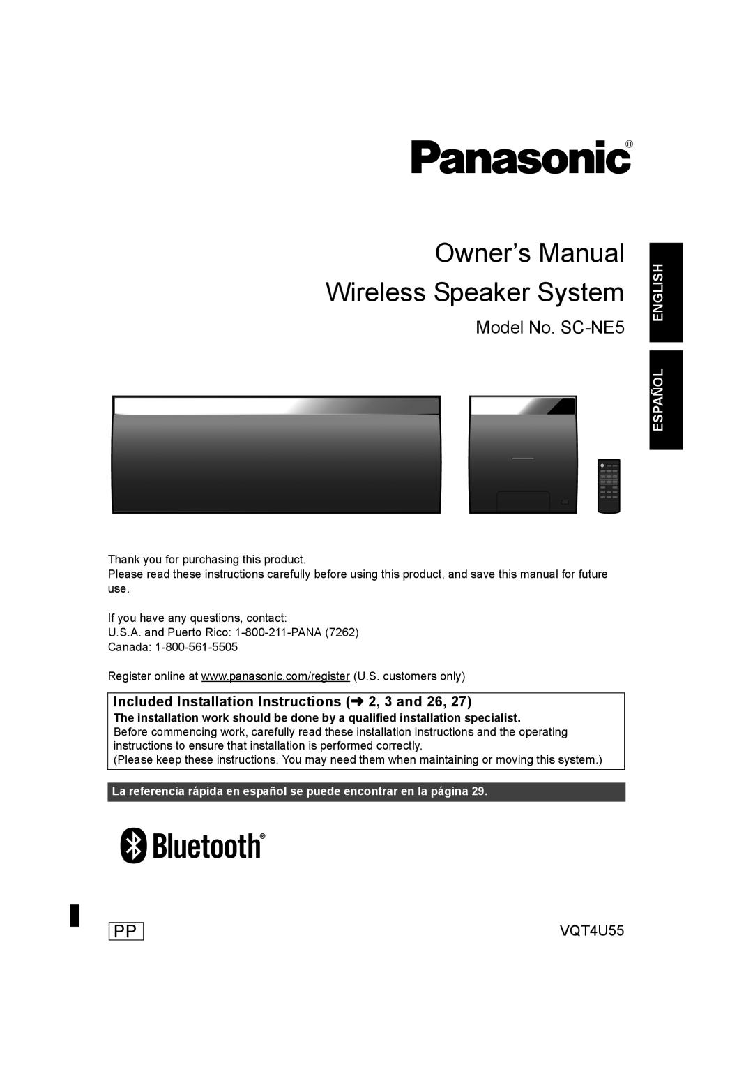 Panasonic owner manual VQT4U55, Español English, Model No. SC-NE5, Included Installation Instructions l 2, 3 and 