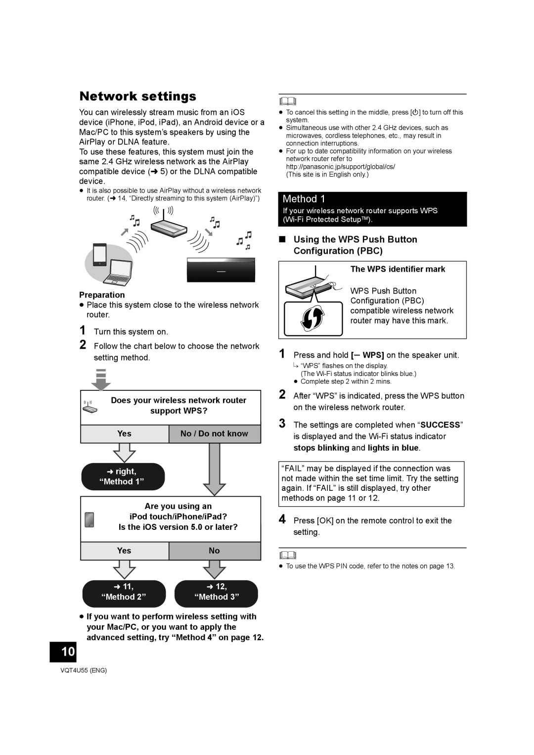 Panasonic SC-NE5 owner manual Network settings, Using the WPS Push Button Configuration PBC, lright “Method 1” 