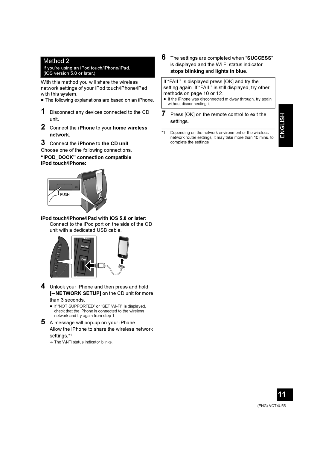 Panasonic SC-NE5 owner manual Method, English, Connect the iPhone to the CD unit, stops blinking and lights in blue 