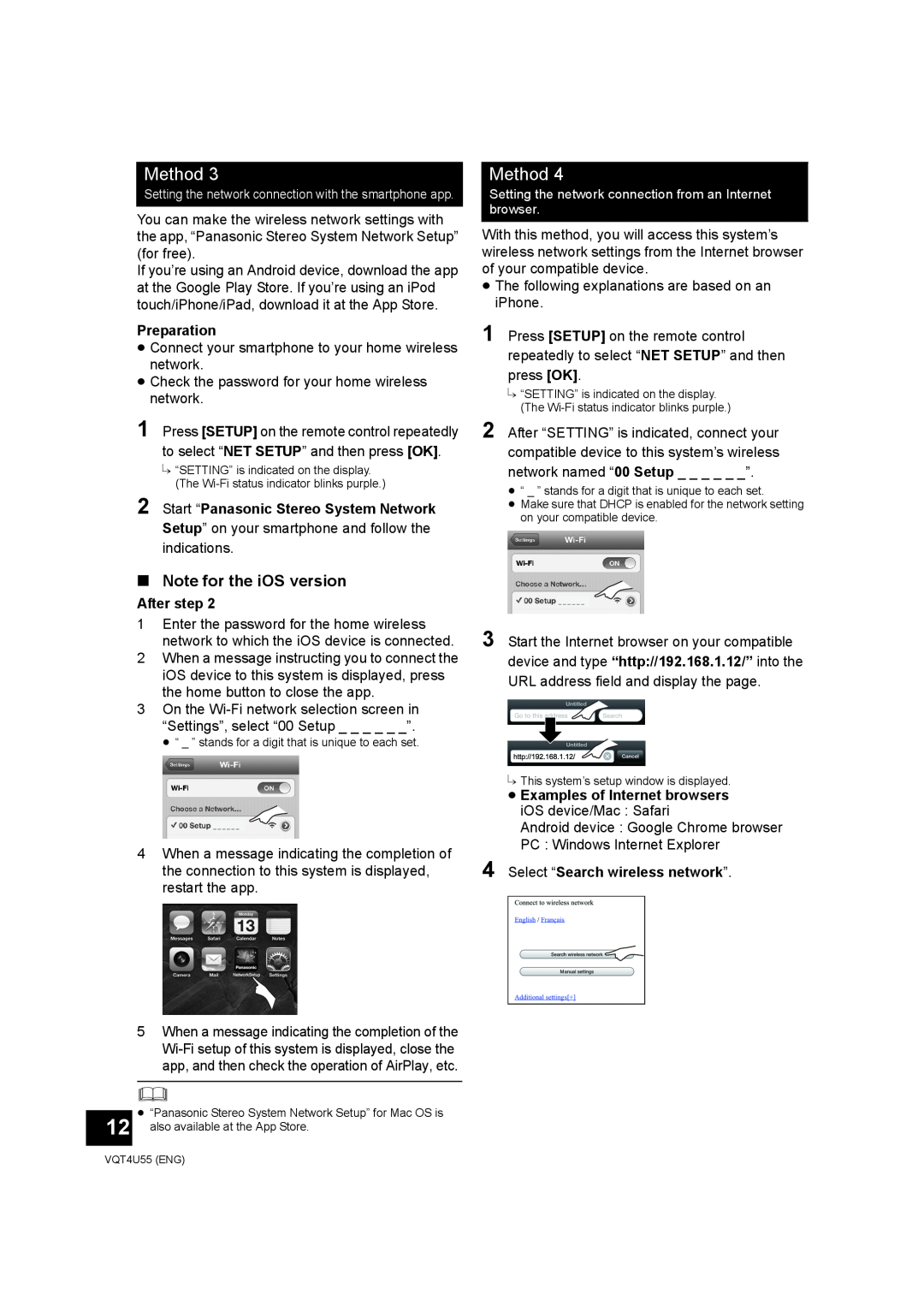 Panasonic SC-NE5 Note for the iOS version, Method, Preparation, Start “Panasonic Stereo System Network, After step 