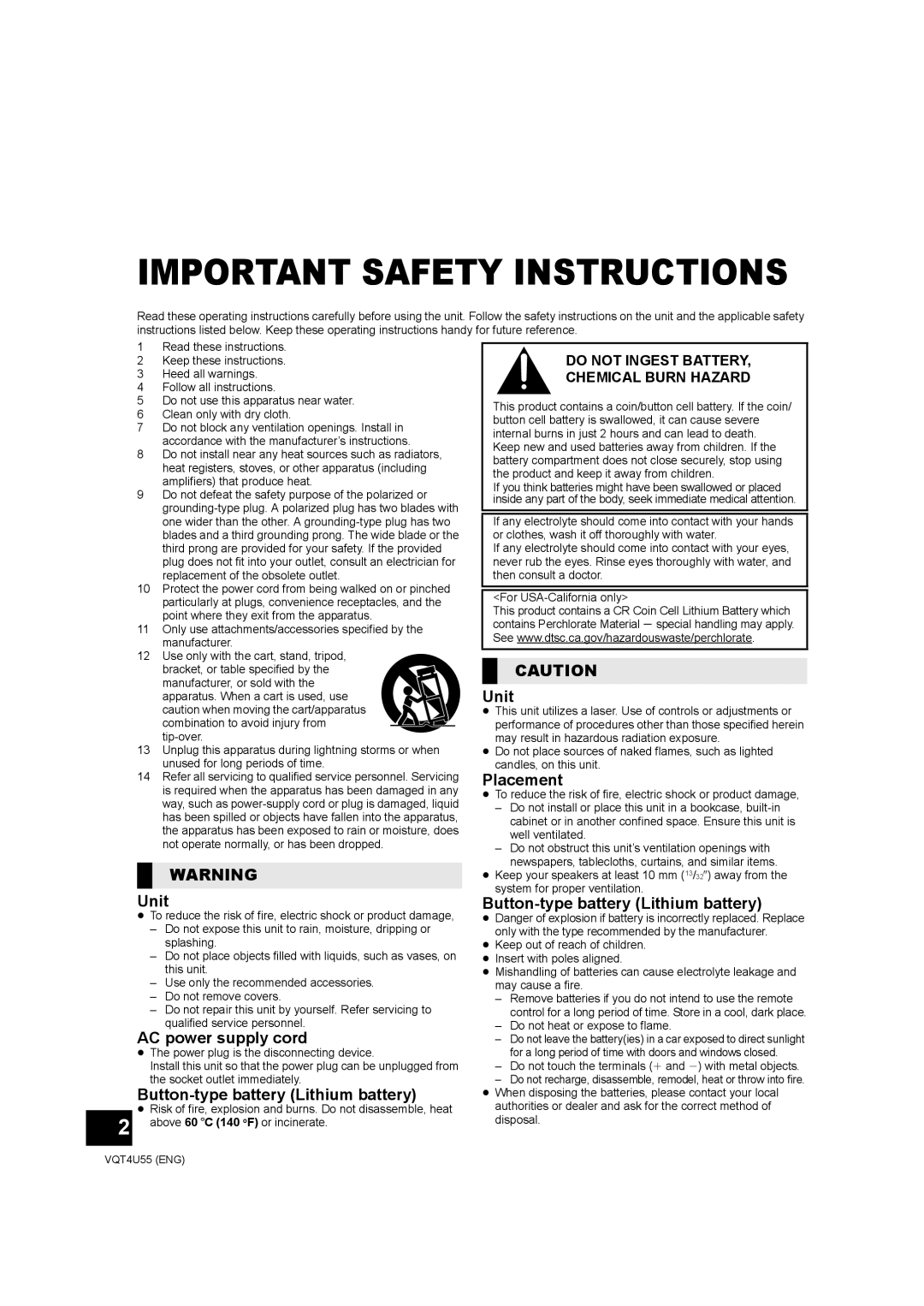 Panasonic SC-NE5 Unit, AC power supply cord, Button-typebattery Lithium battery, Placement, Important Safety Instructions 
