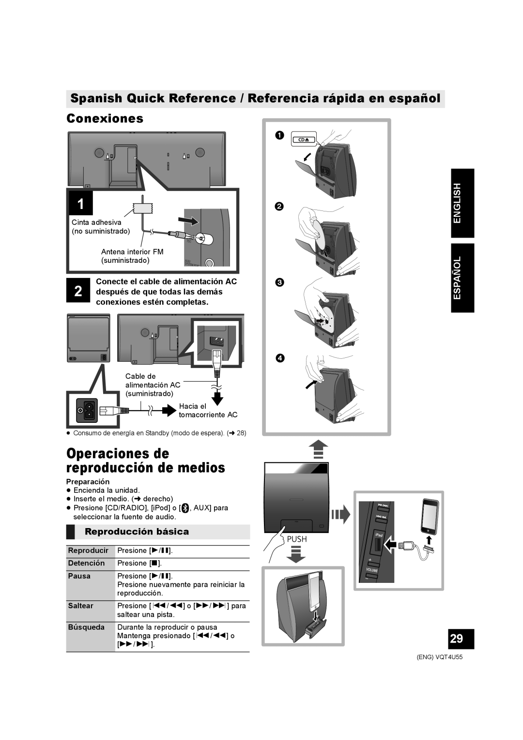 Panasonic SC-NE5 owner manual Conexiones, Operaciones de reproducción de medios, Reproducción básica, Español English 