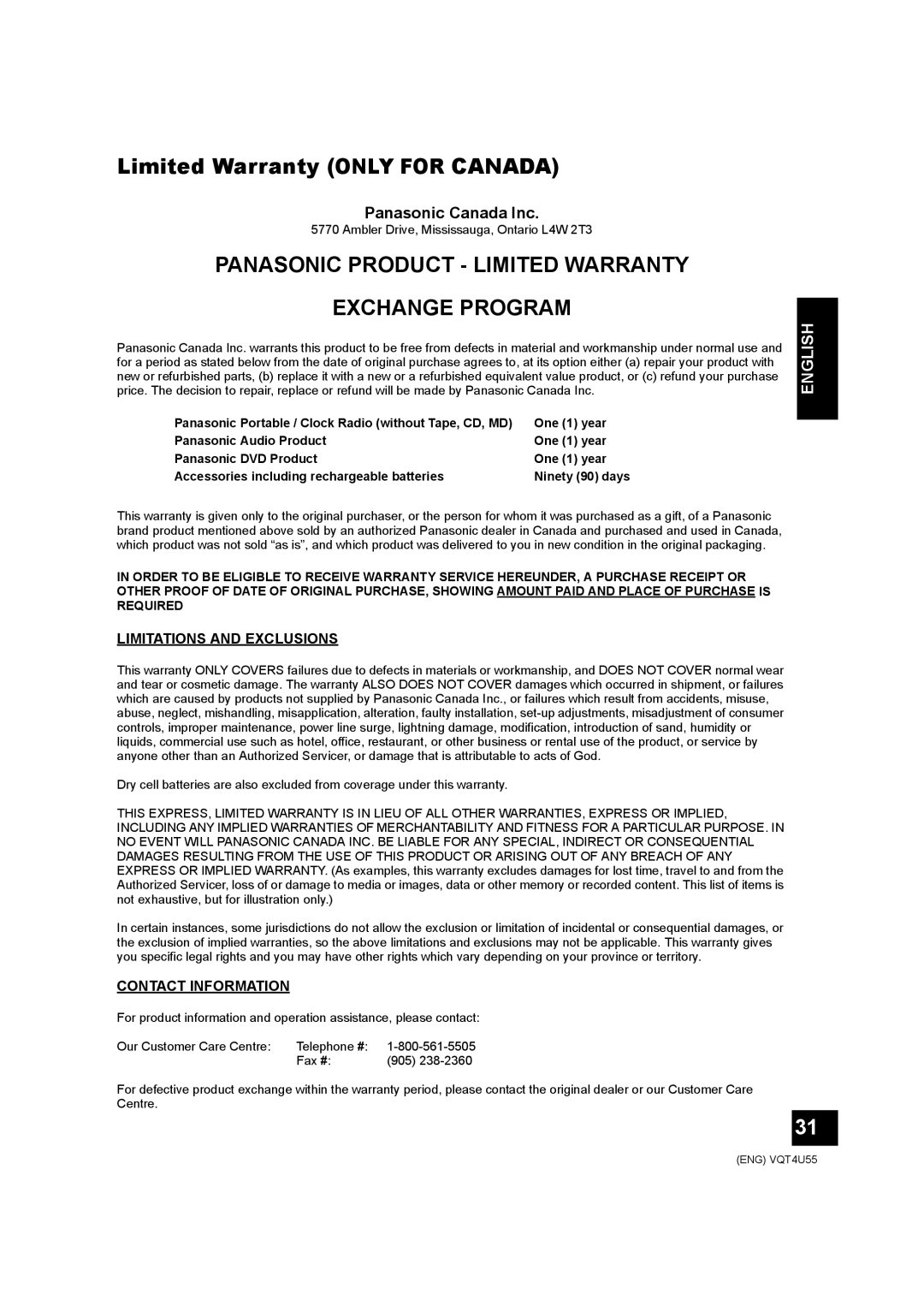 Panasonic SC-NE5 Limited Warranty ONLY FOR CANADA, Panasonic Product - Limited Warranty, Exchange Program, English 