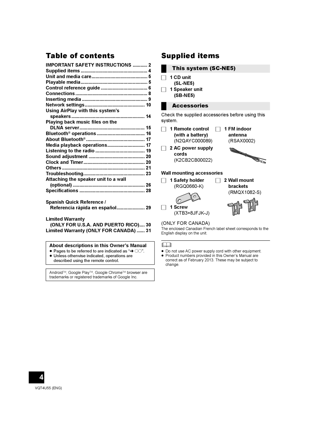 Panasonic owner manual Table of contents, Supplied items, This system SC-NE5, Accessories 