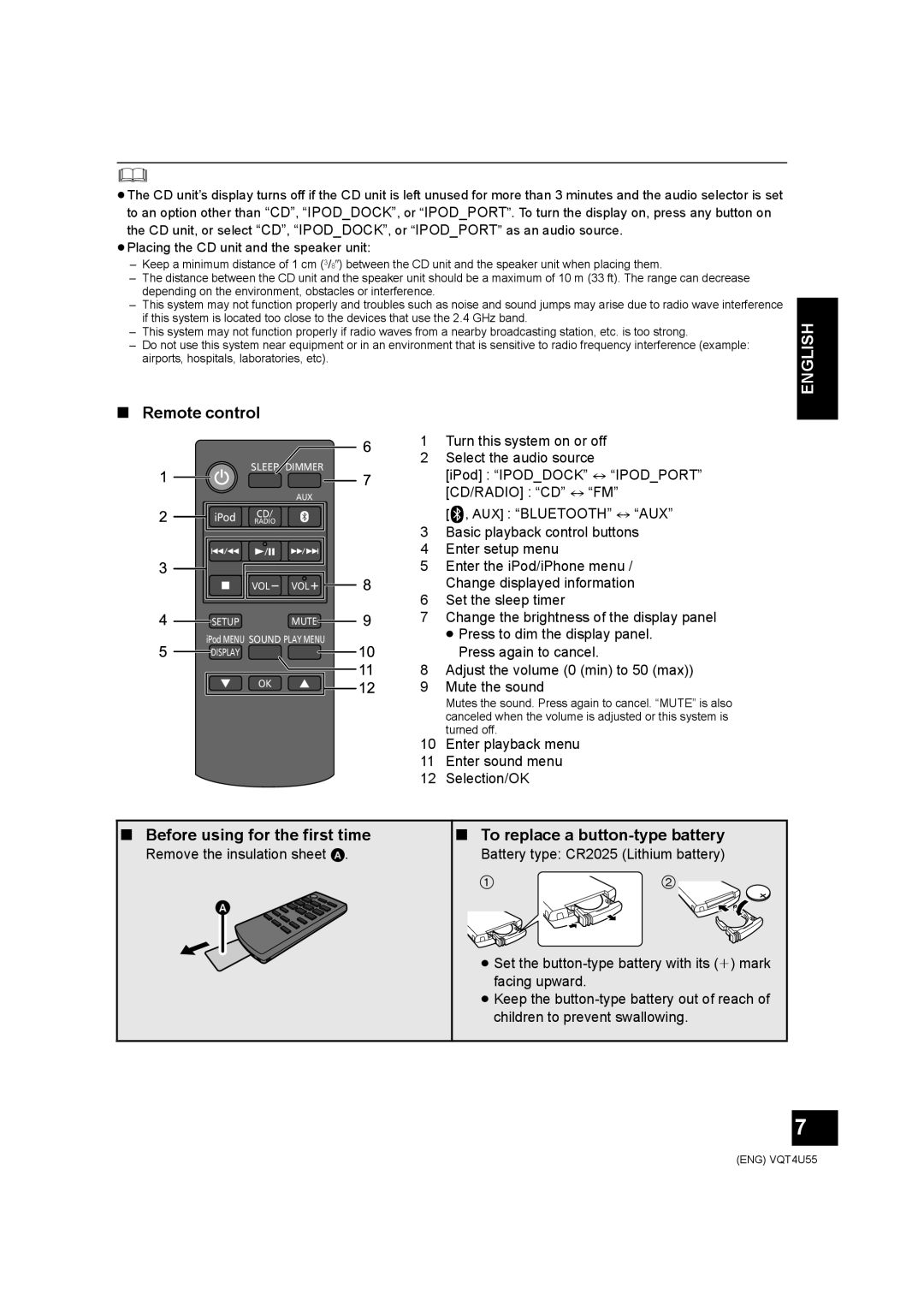 Panasonic SC-NE5 owner manual English, Remote control, Before using for the first time, To replace a button-typebattery 