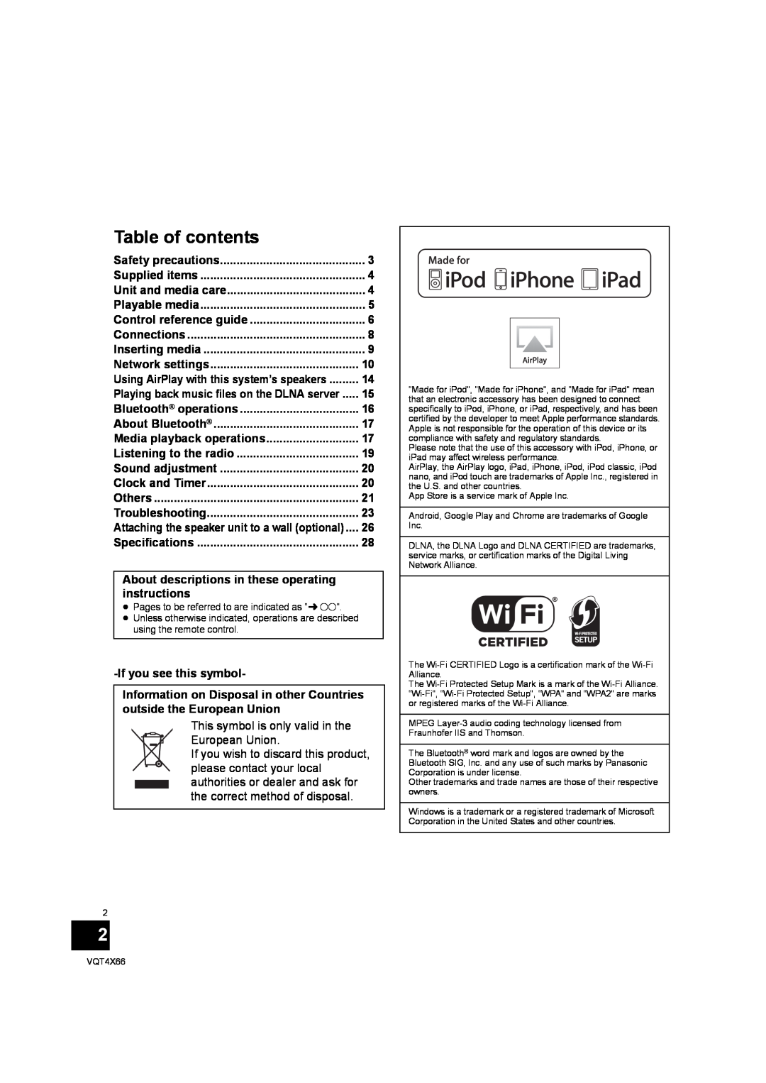 Panasonic SC-NE5 installation instructions Table of contents 
