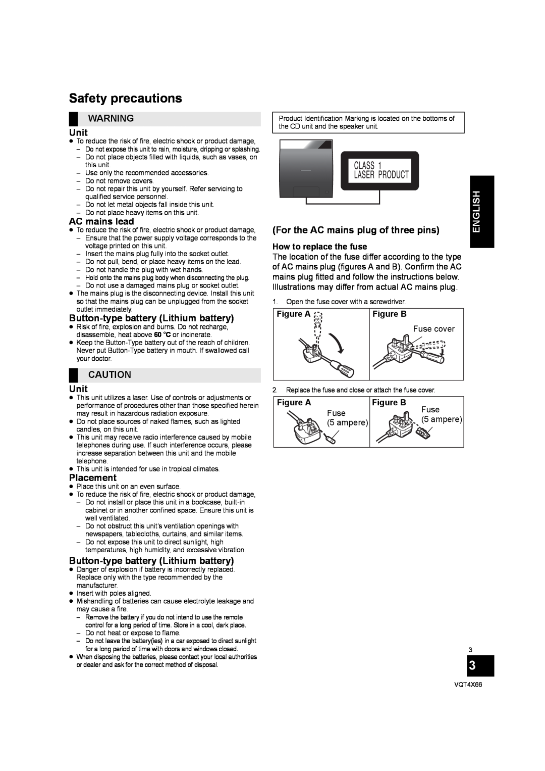 Panasonic SC-NE5 Safety precautions, Unit, AC mains lead, Button-typebattery Lithium battery, Placement, English 