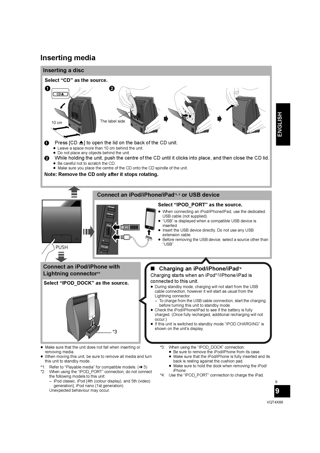 Panasonic SC-NE5 Inserting media, Inserting a disc, Connect an iPod/iPhone/iPad*1, 2 or USB device, English 