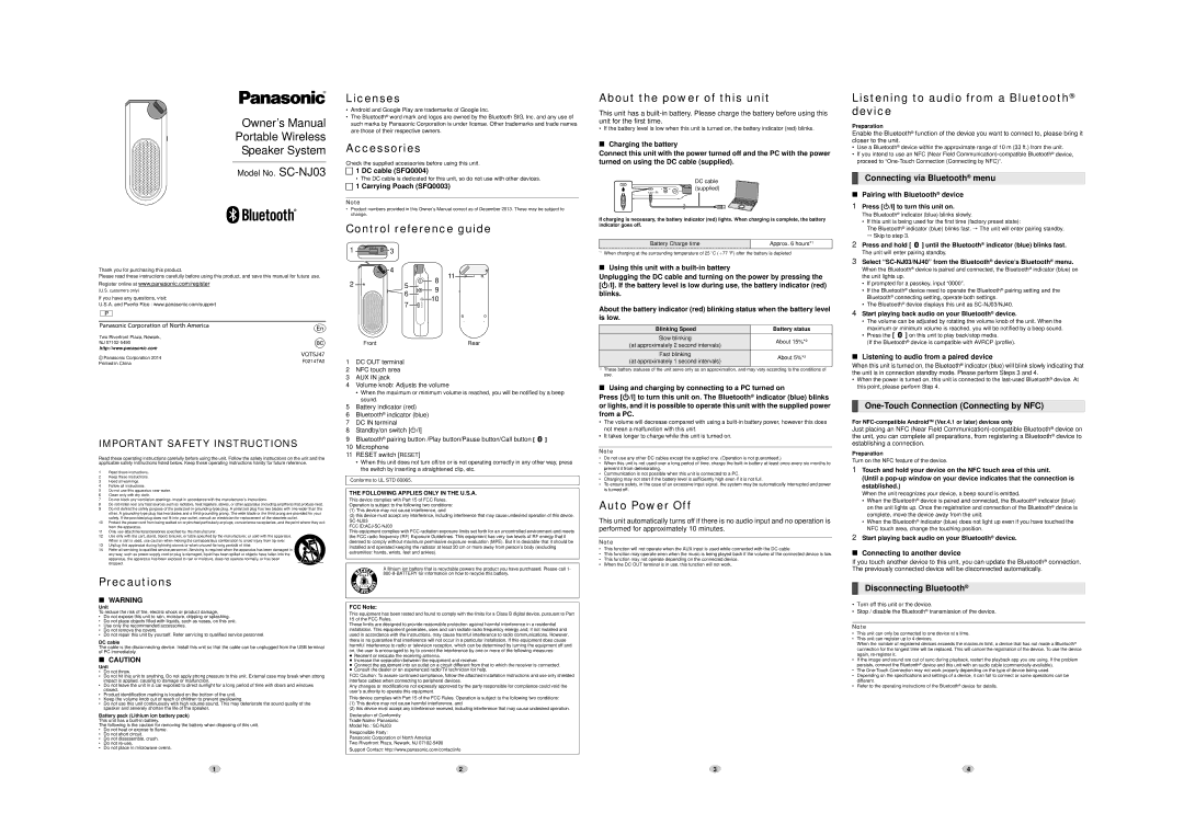 Panasonic SC-NJ03 owner manual Precautions, Licenses, Accessories, Control reference guide, About the power of this unit 