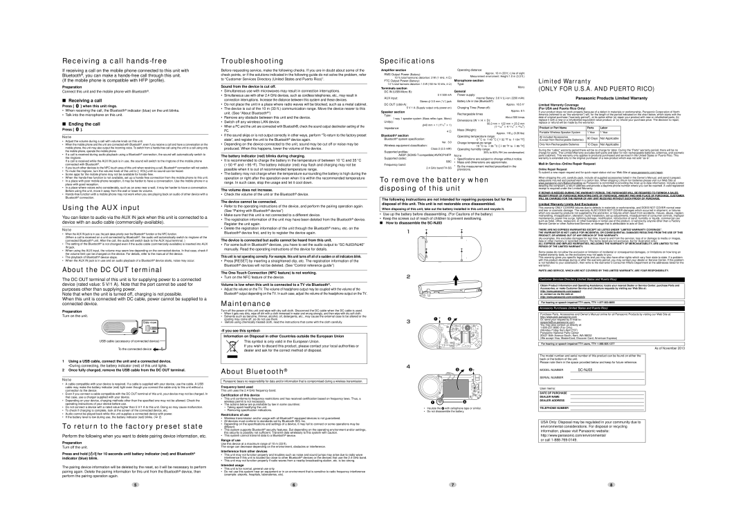 Panasonic SC-NJ03 Receiving a call hands-free, Troubleshooting, Specifications, Using the AUX input, Maintenance 