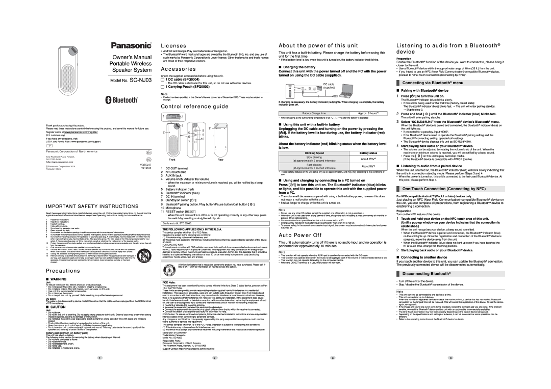 Panasonic SC-NJ03 owner manual Precautions, Licenses, Accessories, Control reference guide, About the power of this unit 