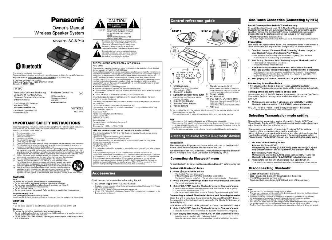 Panasonic SC-NP10 owner manual Control reference guide, Accessories 