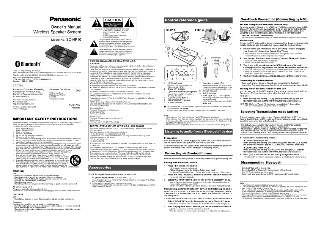 Panasonic owner manual Control reference guide, Important Safety Instructions, Accessories, Model No. SC-NP10, VQT4X82 