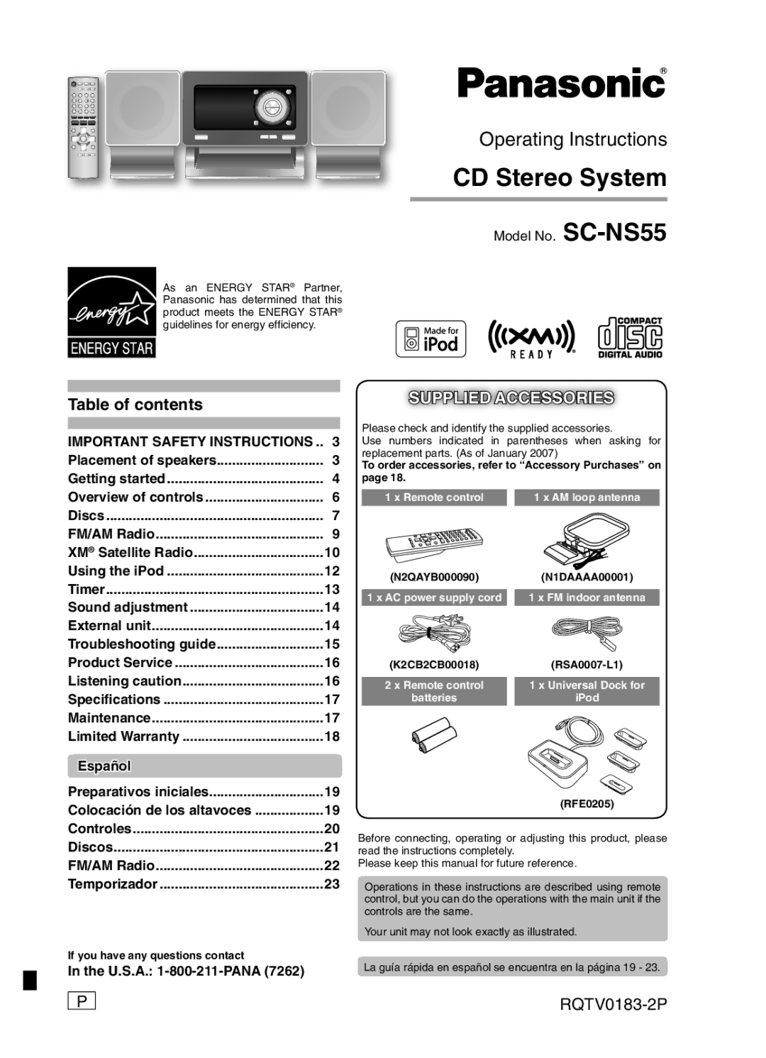 Panasonic SC-NS55 important safety instructions CD Stereo System 