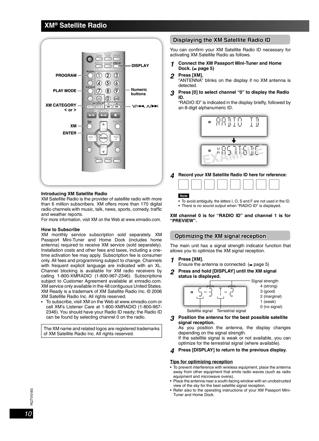 Panasonic SC-NS55 Displaying the XM Satellite Radio ID, Optimizing the XM signal reception 