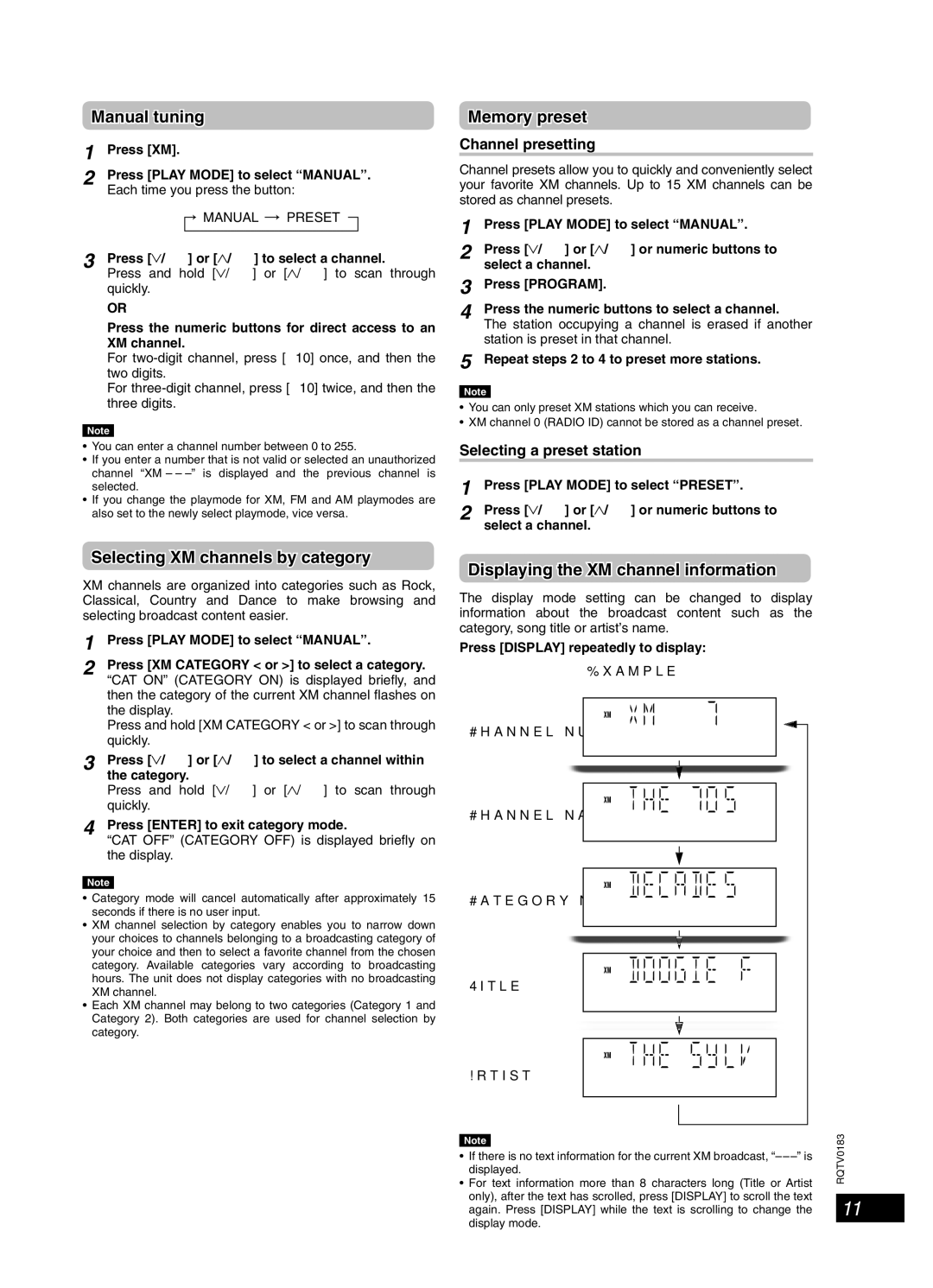 Panasonic SC-NS55 Selecting XM channels by category, Displaying the XM channel information, Channel presetting 