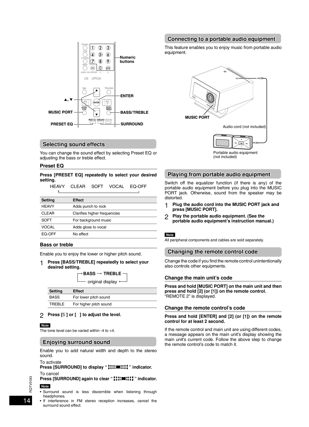 Panasonic SC-NS55 important safety instructions Sound adjustment, External unit 