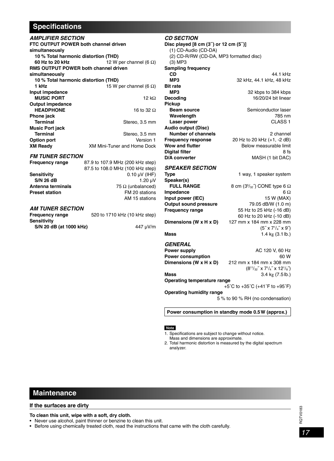 Panasonic SC-NS55 important safety instructions Speciﬁcations, Maintenance, If the surfaces are dirty 