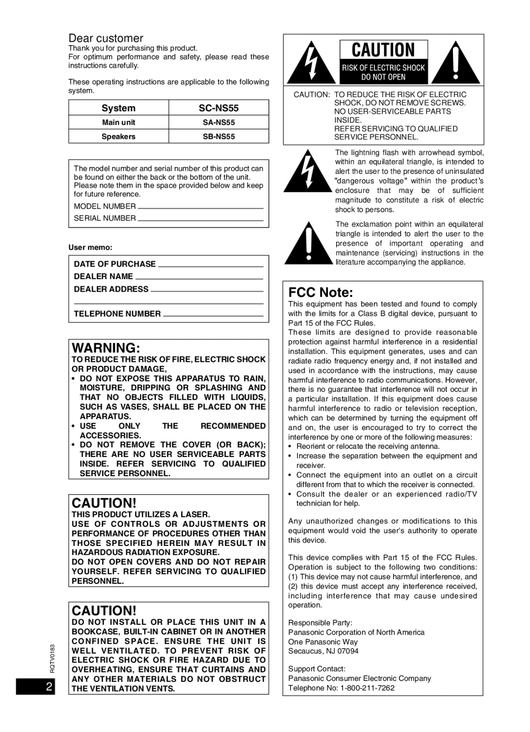 Panasonic SC-NS55 important safety instructions System, SA-NS55, SB-NS55 