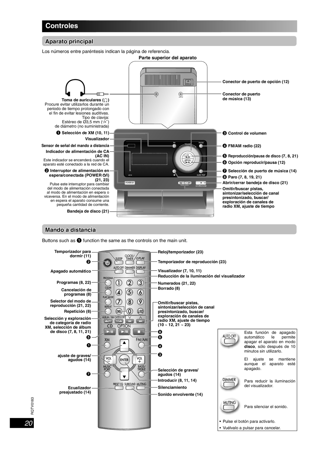 Panasonic SC-NS55 important safety instructions Controles, Aparato principal, Mando a distancia, Parte superior del aparato 